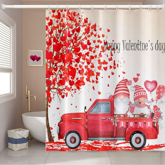 36x72 Inch Happy Valentine''s Day Themed Shower Curtain Red Love Heart Tree Truck Funny Gnomes Balloons for Bathroom Decor Waterproof Fabric Shower Curtain Sets with Hooks