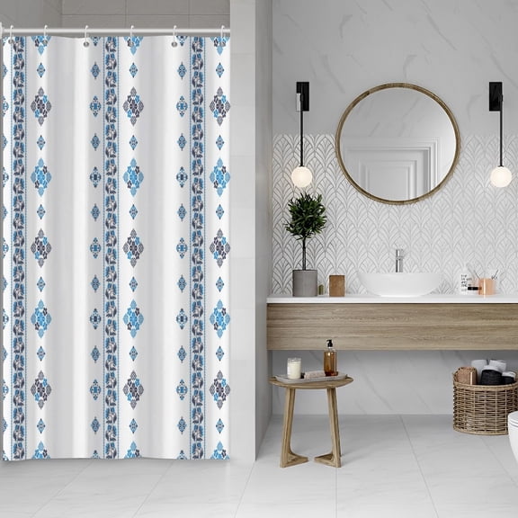 36x72 Inch Striped Floral Long Fabric Shower Curtain Geometric Shape Patchwork Polyester Bath Curtain Modern Chic White Stall Shower Curtains for Kids Bathroom Decor Waterproof with Hooks