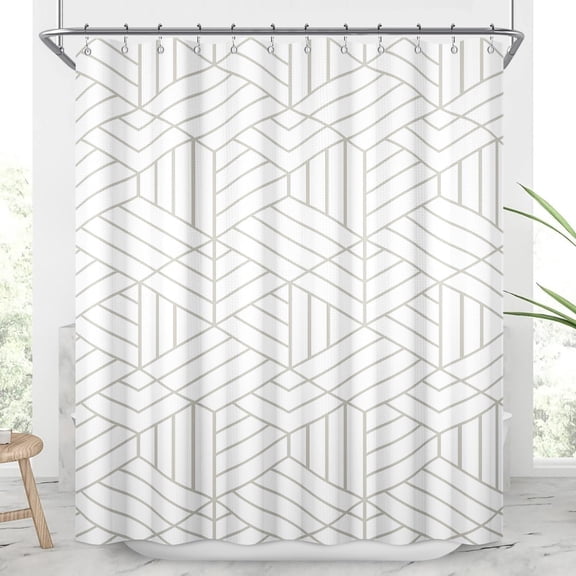 36x72 Inch White Long Waffle Shower Curtain Simple Geometric Striped Splicing Texture Bath Curtain Rustic Farmhouse Boho Neutral Bathtub Curtain for Kids Bathroom Decor with Hooks