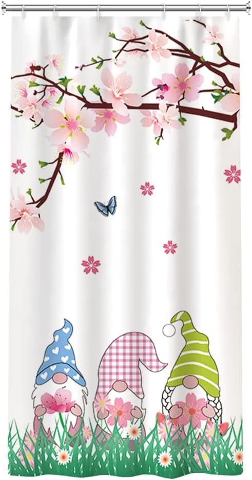 36x72inch Spring Gnomes Shower Curtain for Bathroom with Pink Cherry Blossoms Watercolor Flowers Butterfly Green Grassland Bathroom Curtain with Hooks Bathtubs Waterproof Hello Spring Decor