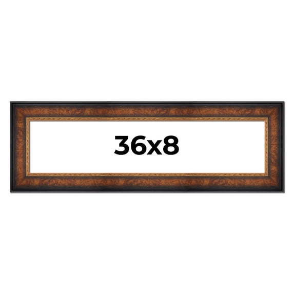 36x8 Frame Brown Walnut Gold Ornate Trim Solid Wood Plein Air Picture Frame | 3 Inch Moulding Width