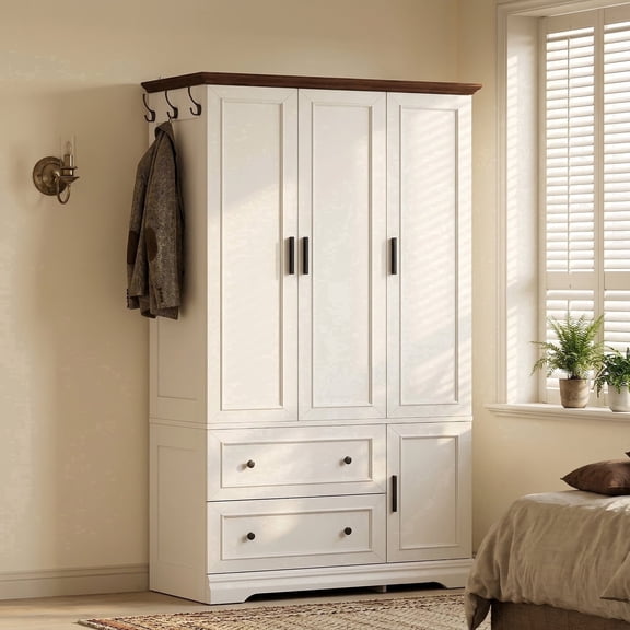 Homall 71" 3-Door Armoire Wardrobe Closet , Modern Storage Armoire with Drawers, Shelves & Hooks for Bedroom , White