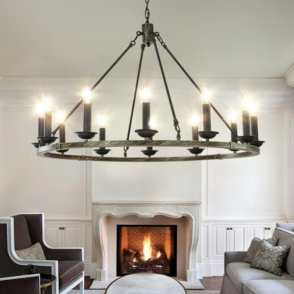 37'' 12-Light Modern Candelabra Chandelier Round Industrial Candle Pendant Lighting In Vintage Brushed Gold Over Black Finish For Living Room Dining Room