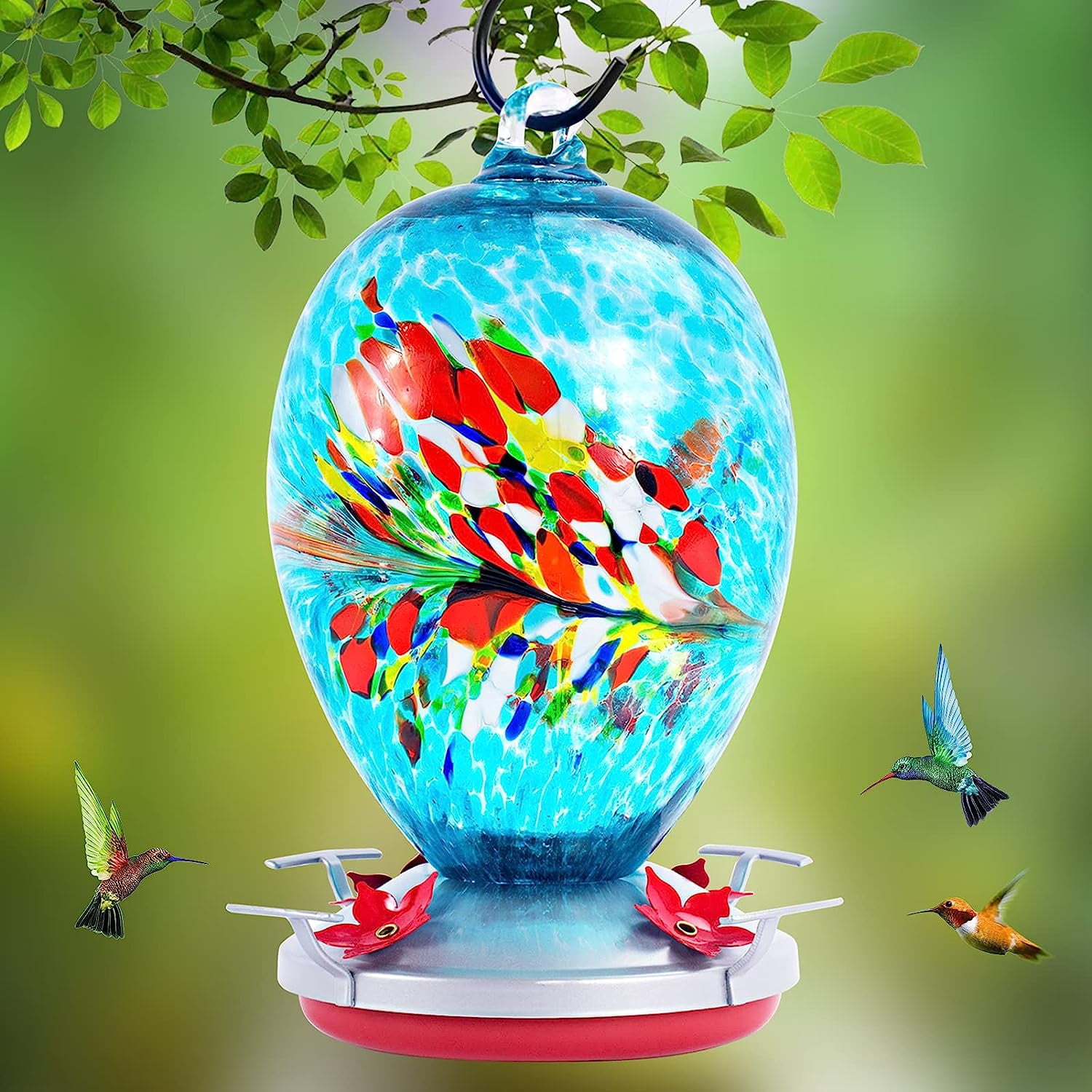 Kingsyard Glass Hummingbird Feeder 24oz – 6 Flower Ports With Perches, Ant Moat Included, Outdoor Garden Decor