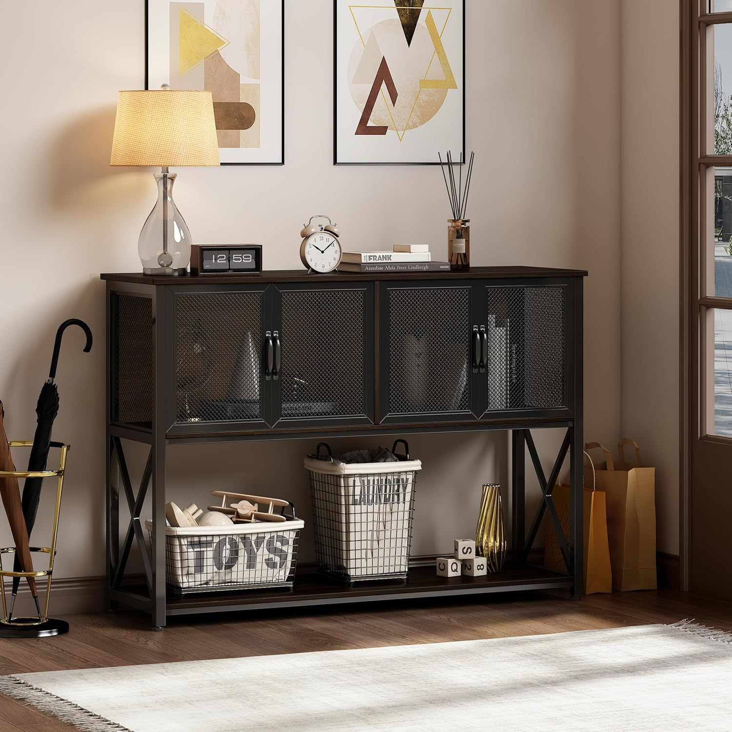 37" Farmhouse Entryway Table Console Table with Iron Storage Console