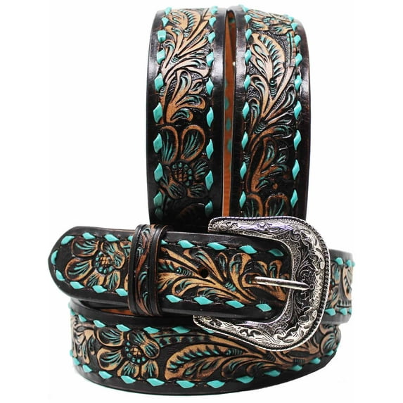 37-38 Men's 1-1/2" Wide Tan Leather Floral Tooled Casual Jean Belt 26FK11A
