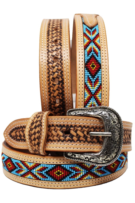 37-38 Unisex 1.5" Western Floral Tooled Beaded Full-Grain Leather Belt 26RT31