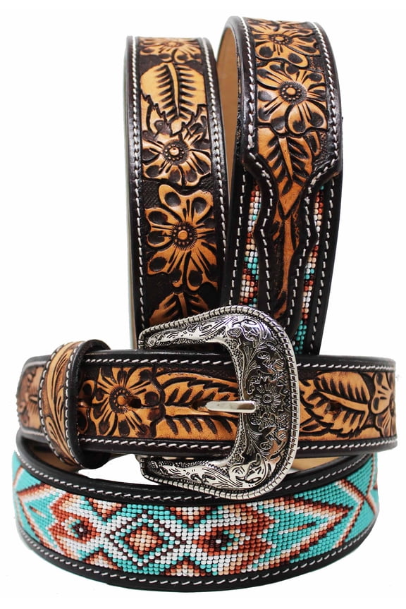 37-38 Unisex 1.5" Western Floral Tooled Beaded Full-Grain Leather Belt 26RT41B