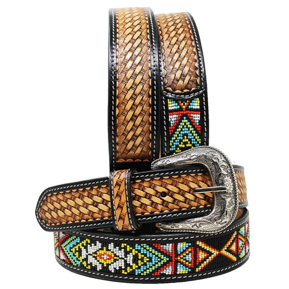 37-38   Western Antique Basket Weave Tooled Beaded Full-Grain Leather Belt 26FK49