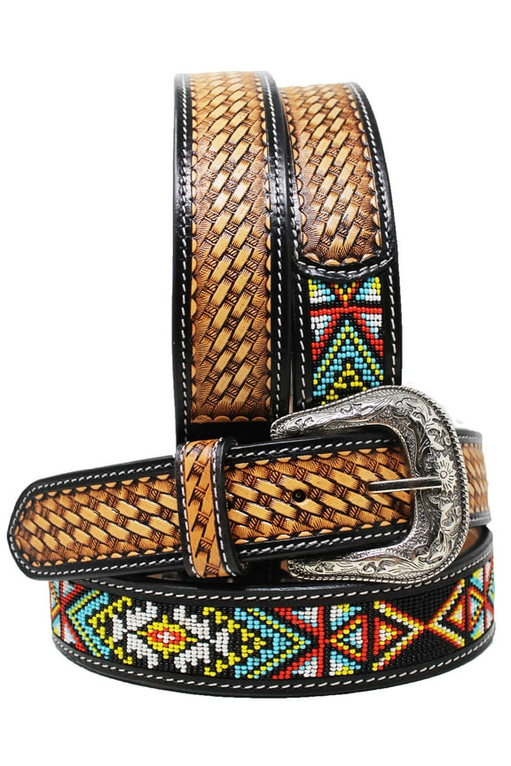 37-38 Western Antique Basket Weave Tooled Beaded Full-Grain Leather Belt 26FK49