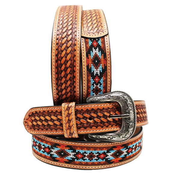 37-38  Western Antique Basket Weave Tooled Beaded Full-Grain Leather Belt 26FK50