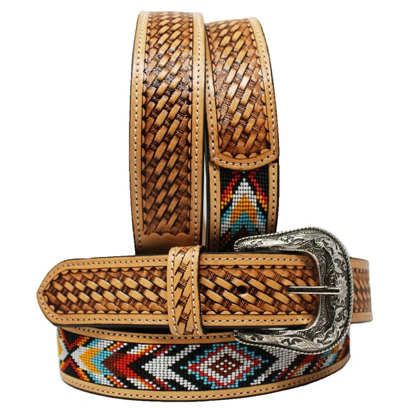 37-38  Western Antique Basket Weave Tooled Beaded Full-Grain Leather Belt 26FK53