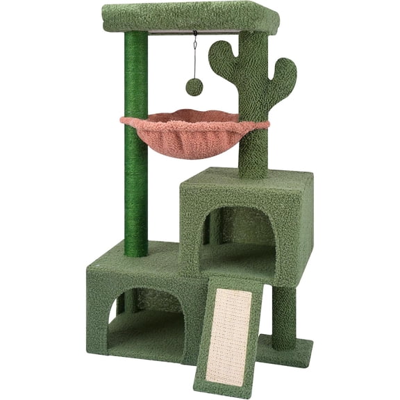 37.4" Cactus Cat Tree Tower with Twin Cat Condos for Indoor Cats, All-in-One Activity Center with Cat Scratching Post Cozy Sleeping Perch Hammock and Toy Balls,Green