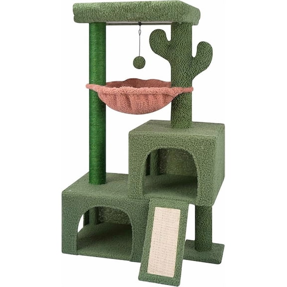 MY 37.4" Cactus Cat Tree Tower with Twin Cat Condos for Indoor Cats, All-in-One Activity Center with Cat Scratching Post Cozy Sleeping Perch Hammock and Toy Balls,Green …