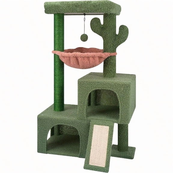 37.4 Cactus Cat Tree Tower With Twin Cat Condos For Indoor Cats AllinOne Activity Center With Cat Scratching Post Cozy Sleeping Perch Hammock And Toy Balls Green