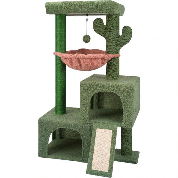 37.4 Cactus Cat Tree Tower with Twin Cat Condos for Indoor Cats All-in-One Activity Center with Cat Scratching Post Cozy Sleeping Perch Hammock and Toy Balls Green