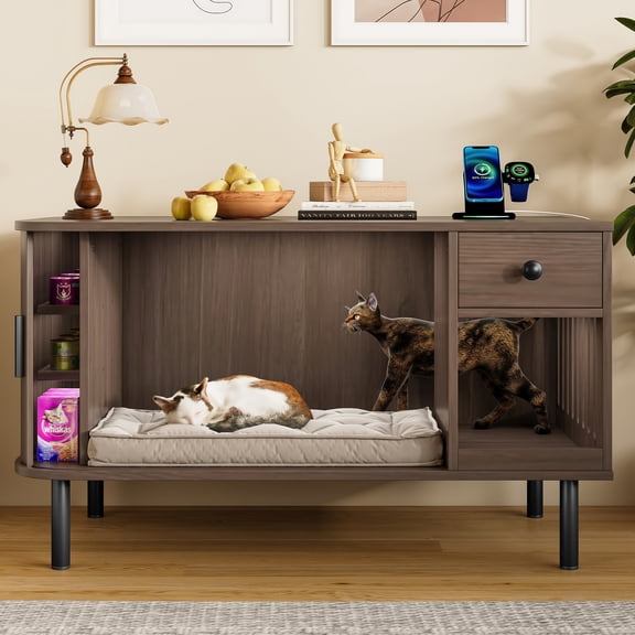 37.4" Cat Litter Box Enclosure with Sliding Door, Hidden Litter Box Enclosure Furniture with Storage Drawer and Charging Station, Modern Indoor Cat House, TV Stand, End Table for Living Room, Brown
