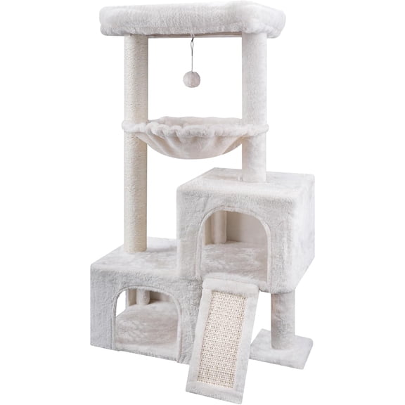 37.4" Cat Tree Tower with Twin Cat Condos for Indoor Cats, All-in-One Activity Center with Cat Scratching Post Cozy Sleeping Perch Hammock and Toy Balls,Beige