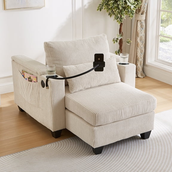 37.4" Corduroy Convertible Sofa Chair with Storage, USB Ports & Lumbar Pillow, Sleeper Design,Gray