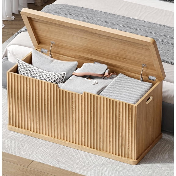 37.4" Fluted Storage Chest Wooden Storage Trunk 2 Safety Hinges Oak | Storage Chest with 2 Safety Hinges & Lift Top, Wooden Box Bench with Curved Profile, for Living Room, Entryway, Bedroom