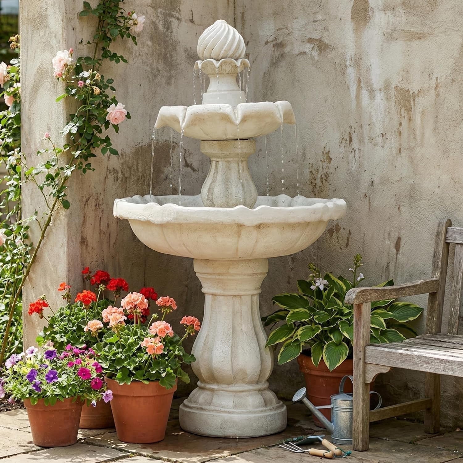37.4" H Outdoor Water Fountain, 2-Tiers Classic Pedestal Cascading Water Feature, Indoor/Outside Garden Fountain for Garden Patio Yard Decor