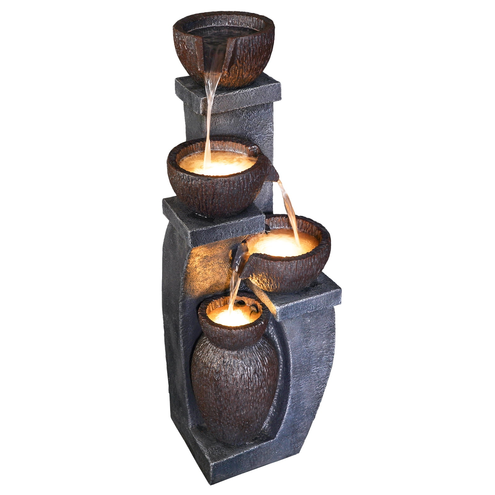 37.4"H Outdoor Water Fountain with 4 Crocks, Modern LED Lighted Garden Floor Fountain, Durable Resin Cascading Waterfall Water Feature for Patios, Yards, Indoor and Outdoor Décor