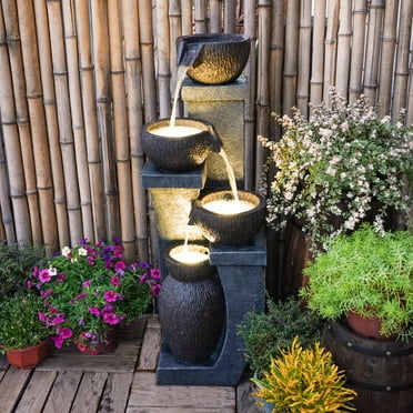 37.4”H Outdoor Water Fountain with 4 Crocks, Modern LED Lighted Garden Floor Fountain for Patios and Yards – Durable Resin Water Feature with Cascading Waterfall Design for Indoor/Outdoor Décor