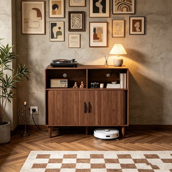 37.4"L Record Player Stand with Charging Station, Vinyl Record Storage Cabinet Holds up to 200 CDs, Turntable Table with 2 Sliding Tambour Doors