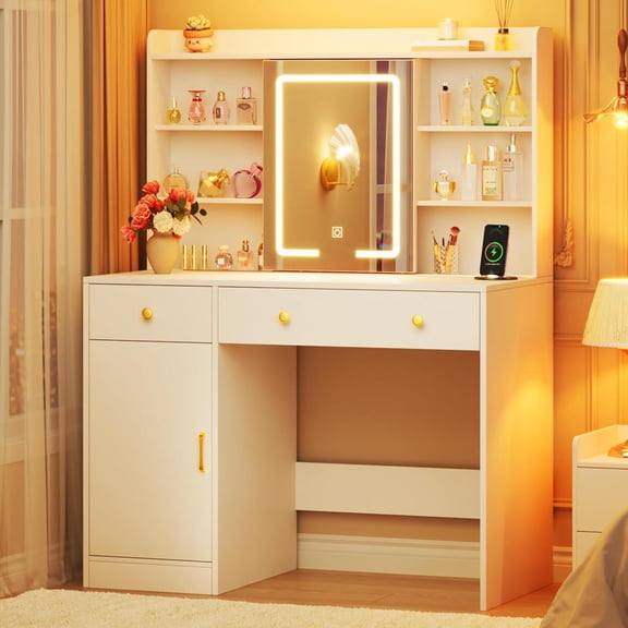 37.4" Vanity Desk with Mirror and Lights, Makeup Vanity with LED Sliding Mirror, 3-Color Lights, USB/Type-C Charging, White Vanity Desk with Storage Cabinet, 2 Drawers & 6 Shelves for Bedroom