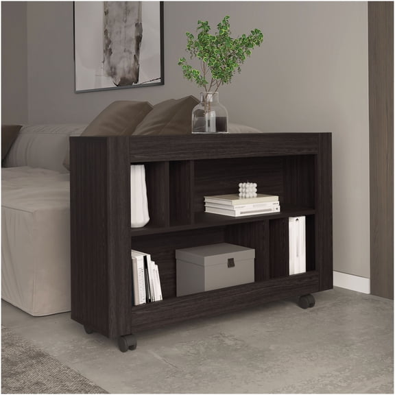 37.4" Wide 6-Tier Rolling Console Table with Wheels, Entryway Sofa Table with Storage Shelves for Living Room, Black