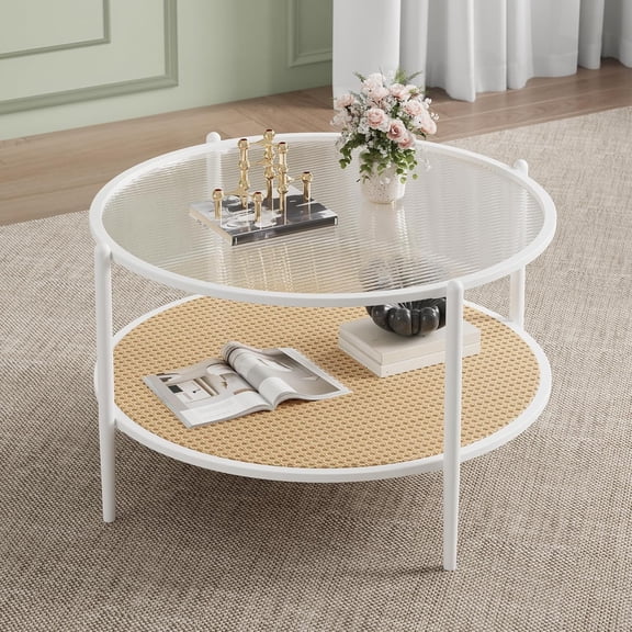 37.4In Oval Coffee Table 2-Tier Tempered Glass Top and Rattan Shelf Boho for Living Room Office - White