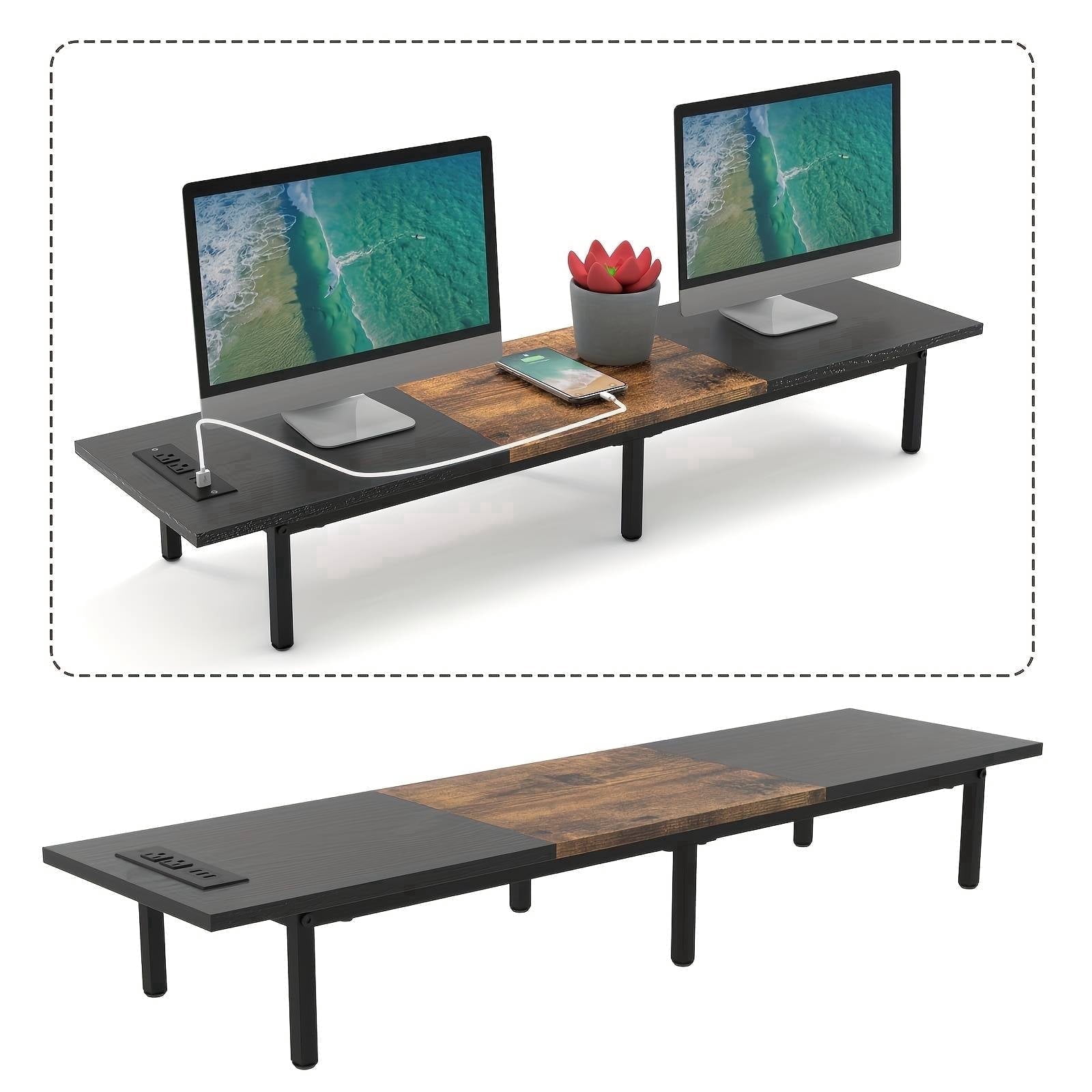 37.5" Extra Long Dual Monitor Stand Riser, Wood & Steel Desktop Organizer for 2 Monitors, TV/Laptop/Printer Holder with Integrated USB Ports, Black&Brown