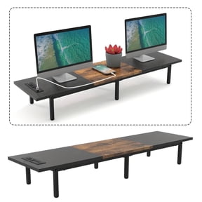37.5" Extra Long Dual Monitor Stand Riser, Wood & Steel Desktop Organizer for 2 Monitors, TV/Laptop/Printer Holder with Integrated USB Ports, Black&Brown