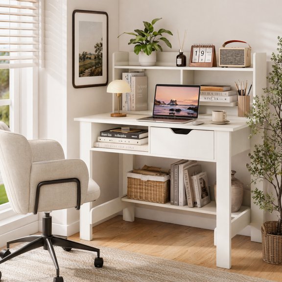 37.5" Home Office Desk with Power Outlets& Drawer, Computer Desk Study Desk Writing Desk with Storage Shelves for Small Spaces,White