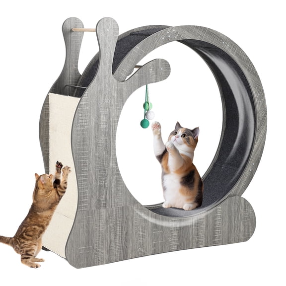 37.5 Inch (95cm) Inner Diameter Large Quiet Cat Exercise Wheel for Indoor, Grey Wood Pet Treadmill with Scratching Board & Play Balls for Fitness, Weight Loss & Daily Enrichment