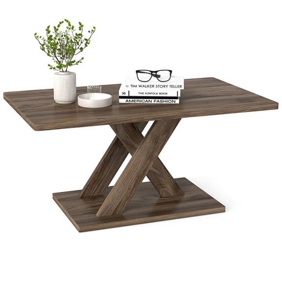 37.5 Inch Rustic Brown Coffee Table, Geometric Wood Design with 220 lbs Weight Capacity, Sturdy Rubber Wood Frame for Living Room