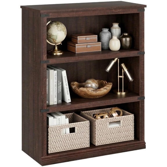 37.5" Tall Farmhouse Bookshelf, 3 Tier Open Bookcase with Rustic Wood Shelves, Freestanding Display Storage Rack for Living Room, Bedroom and Home Office,Cherry