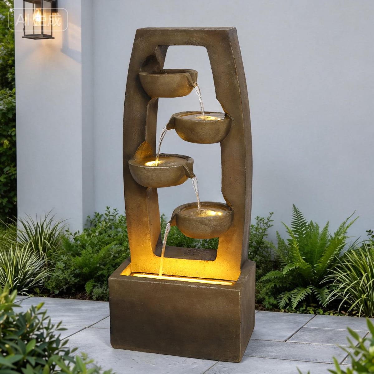 37.6" 4-Tier Modern Cascading Water Fountain with Warm LED Lights, Outdoor Floor-Standing Waterfall Fountain for Patio, Garden & Backyard Decor
