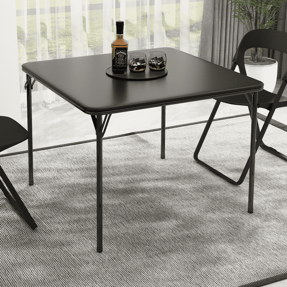 37.7 Inch Folding Square Table, Portable Foldable Table for 4 People with Upholstered Top and Collapsible Metal Legs, Black, for Dining, Card Games, Parties and Indoor or Outdoor Use