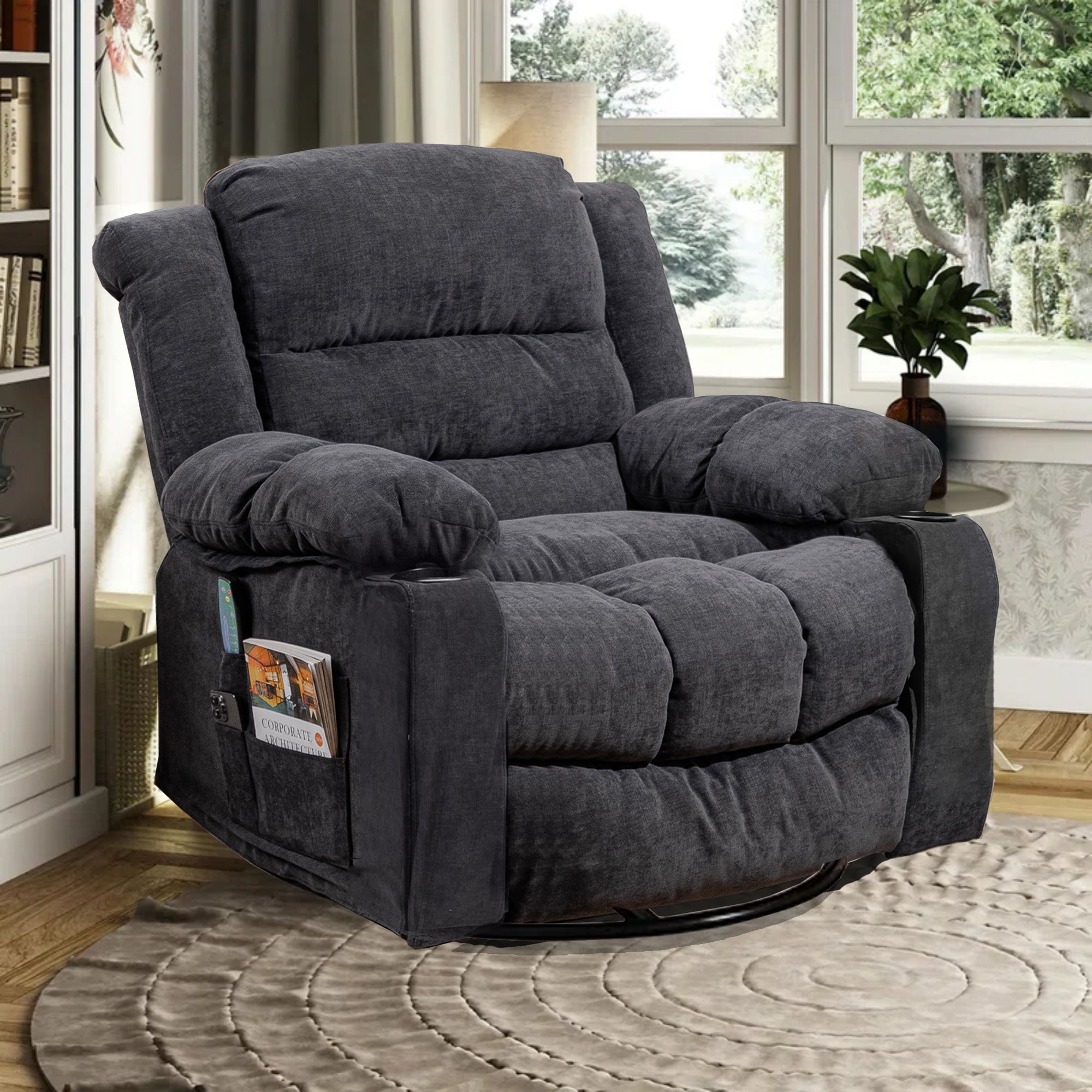 37.7 Wide Super Soft and Oversize Chenille Manual Swivel Rocker Heating Massage Recliner Chair with Cupholders for Living Room Bedroom Gray
