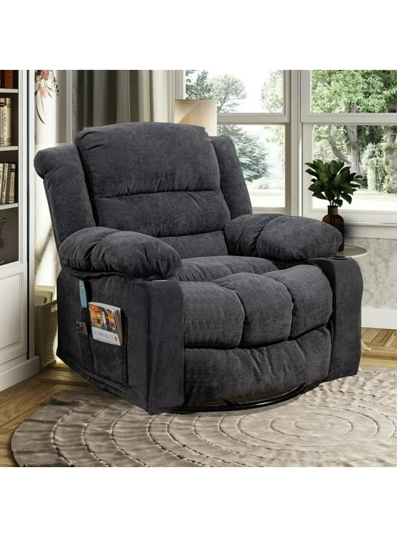 37.7" Wide Super Soft and Oversize Chenille Manual Swivel Rocker Heating Massage Recliner Chair with Cupholders for Living Room, Bedroom, Gray