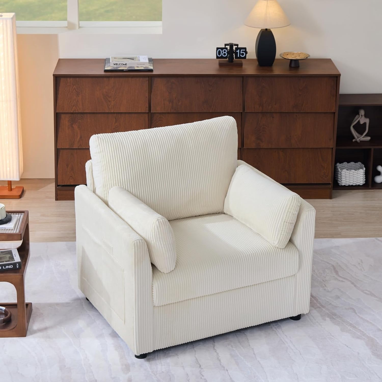37.75" Corduroy Accent Chair, Modern Upholstered Armchair with Side Storage Pockets & 2 Pillows, Comfy Oversized Single Sofa for Living Room, Beige