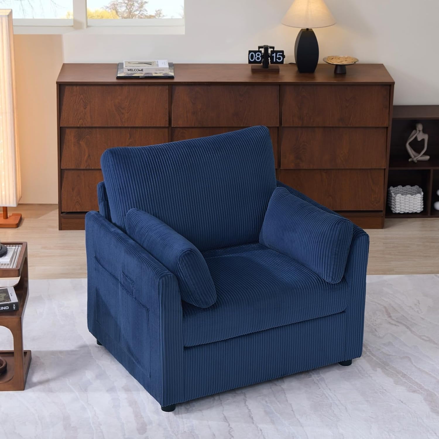 37.75" Corduroy Accent Chair, Modern Upholstered Armchair with Side Storage Pockets & 2 Pillows, Comfy Oversized Single Sofa for Living Room, Blue