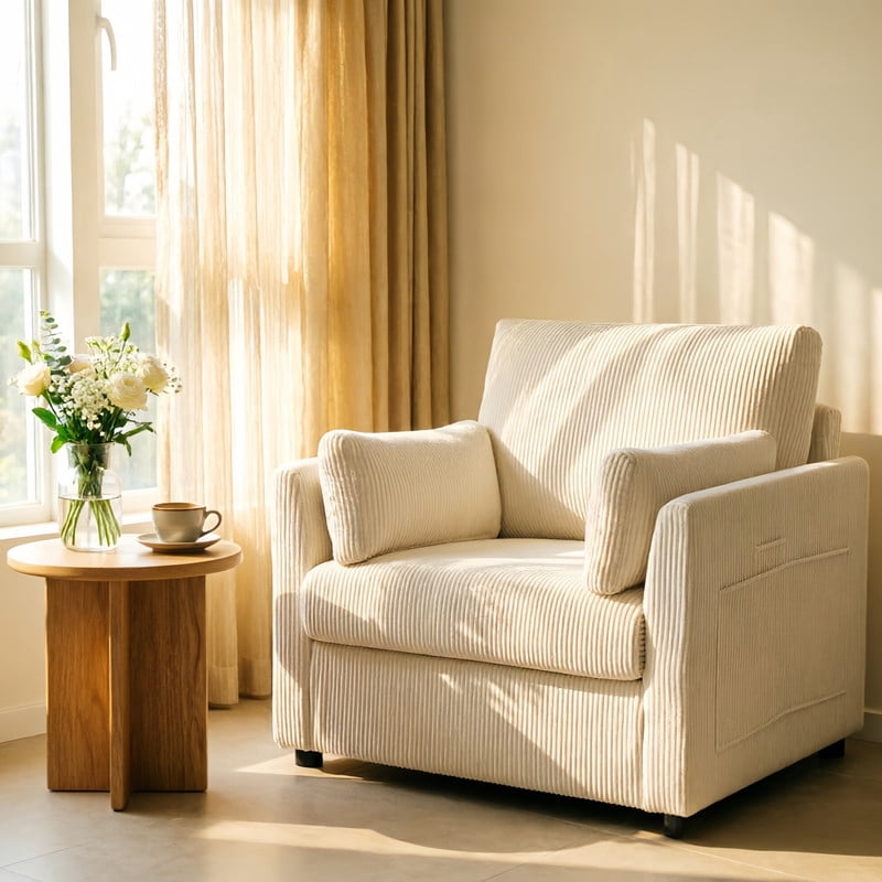 37.75"W Oversized Single Sofa, Corduroy Accent Reading Chair w/ Storage Pockets, Modern Upholstered Armchair w/ 2 Pillows