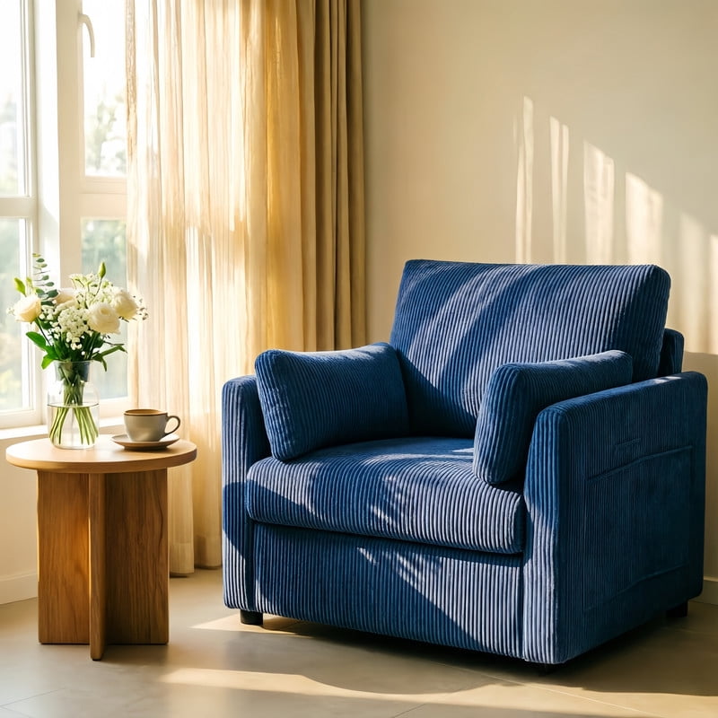 37.75"W Oversized Single Sofa, Corduroy Accent Reading Chair w/ Storage Pockets, Modern Upholstered Armchair w/ 2 Pillows