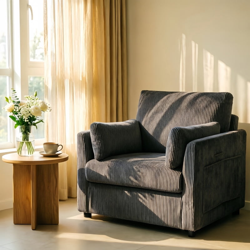 37.75"W Oversized Single Sofa, Corduroy Accent Reading Chair w/ Storage Pockets, Modern Upholstered Armchair w/ 2 Pillows