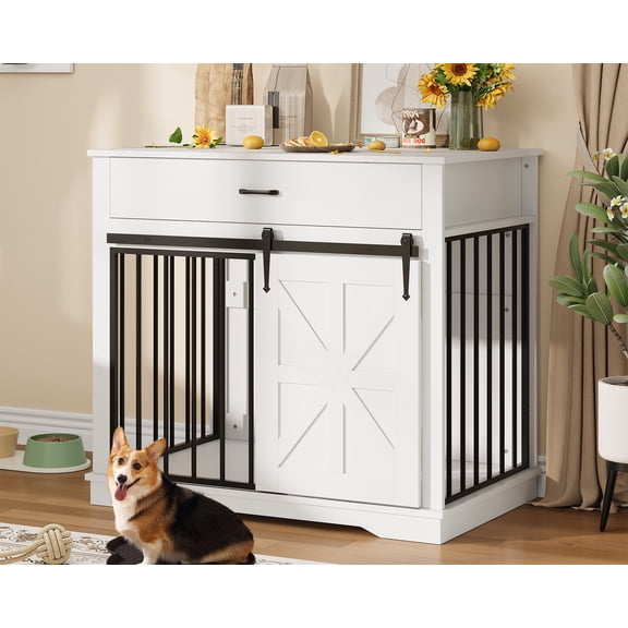 37.8" Dog Crate Furniture, Farmhouse 2-in-1 Dog Crate with Sliding Barn Door for Small/Medium Dogs, Dual Function as Side Table with Storage Drawer