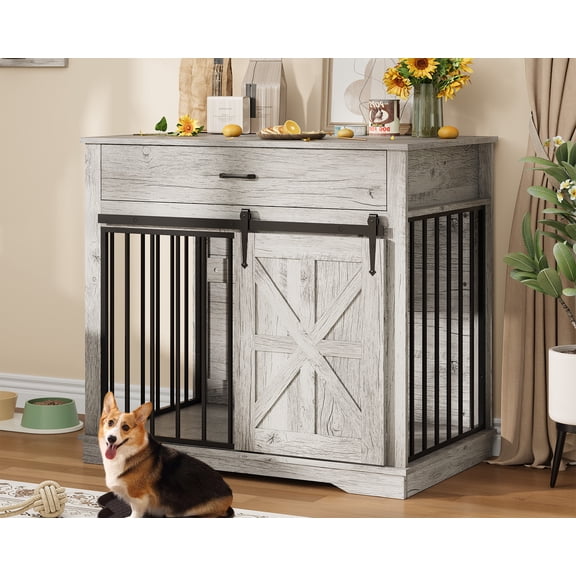 37.8" Heavy Duty Dog Crate Furniture with Tabletop - Chew-Proof Metal Wood Style Side Table with Storage, Indoor Kennel for Medium Dogs Up to 35 Lbs