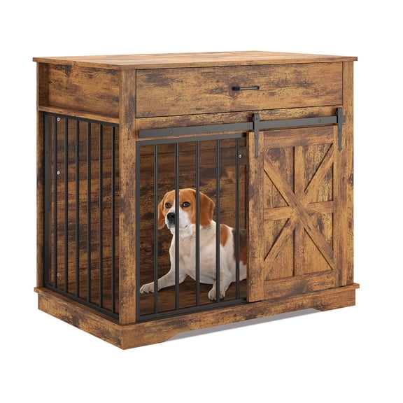 JustSmart 37.8" Heavy Duty Iron-Wood Dog Crate Furniture for Small/Medium Dogs, Kennel End Table with Sliding Barn Door, Storage Drawer, Decorative Indoor Pet Cage, Charcoal Roasted Color