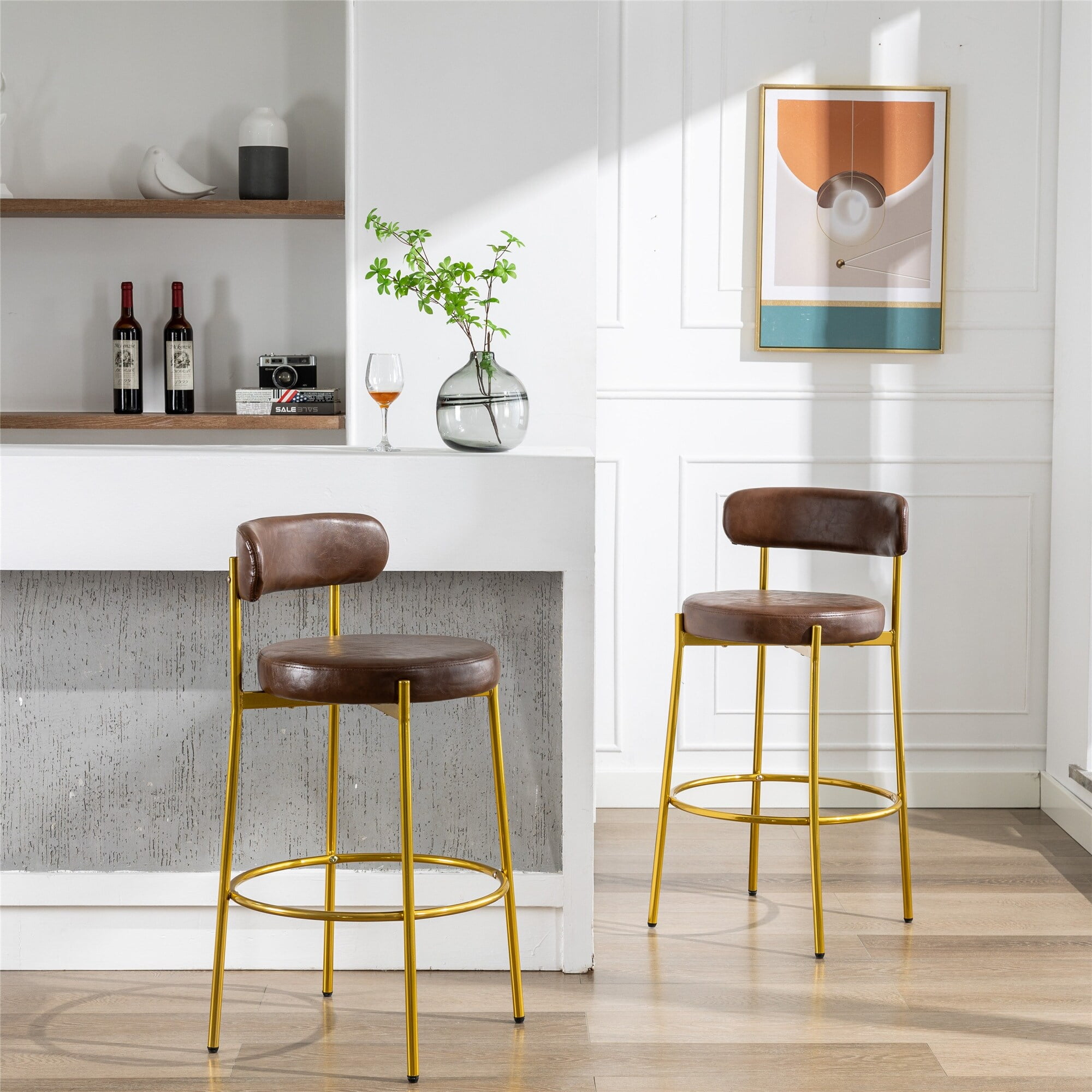 37.8 Inch Modern PU Bar Stool Height Stool Dining Chairs Set of 2 Brown - Walmart.com